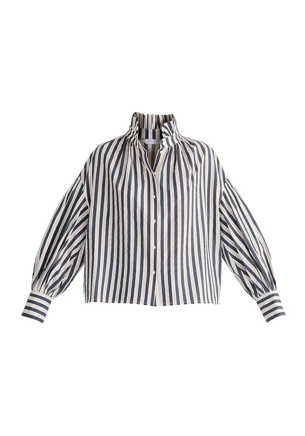 Striped Puff Sleeve Shirt with Ruffled Collar