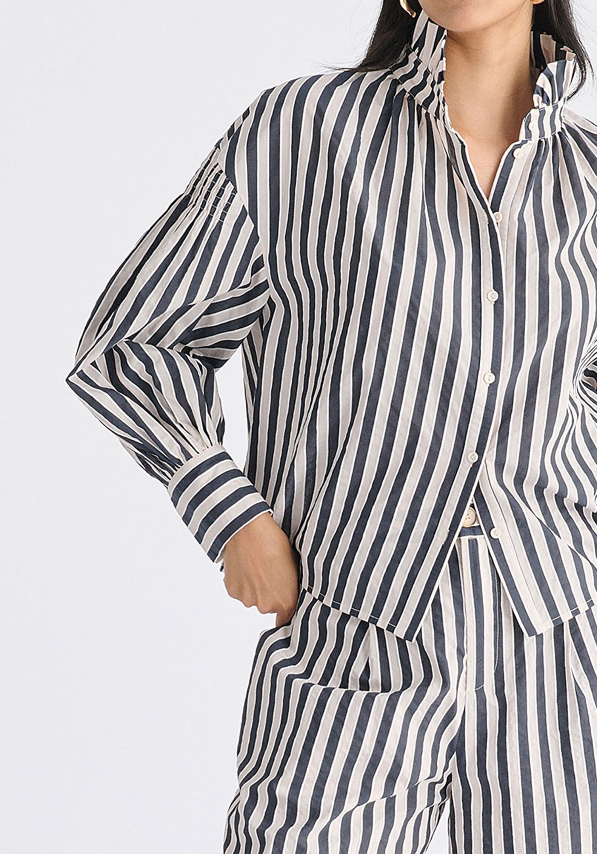 Striped Puff Sleeve Shirt with Ruffled Collar
