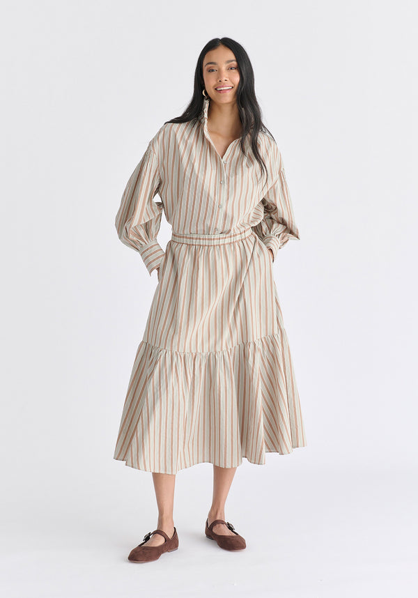 Striped Puff Sleeve Shirt with Ruffled Collar