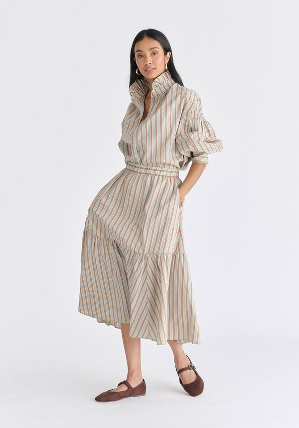 Striped Puff Sleeve Shirt with Ruffled Collar