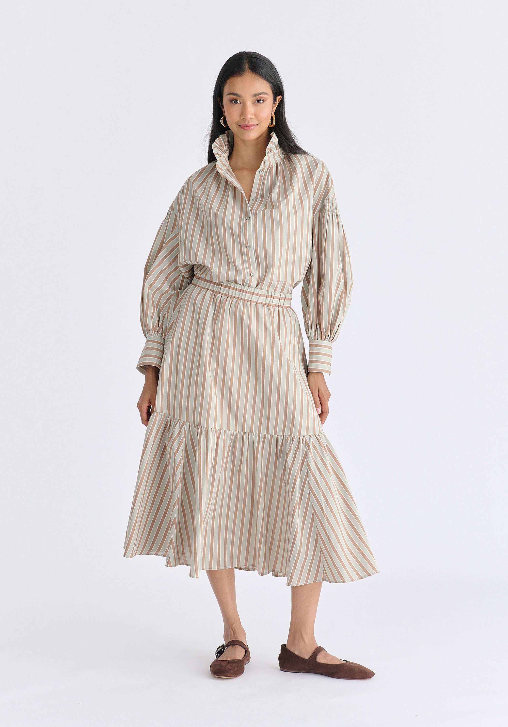 Striped Puff Sleeve Shirt with Ruffled Collar