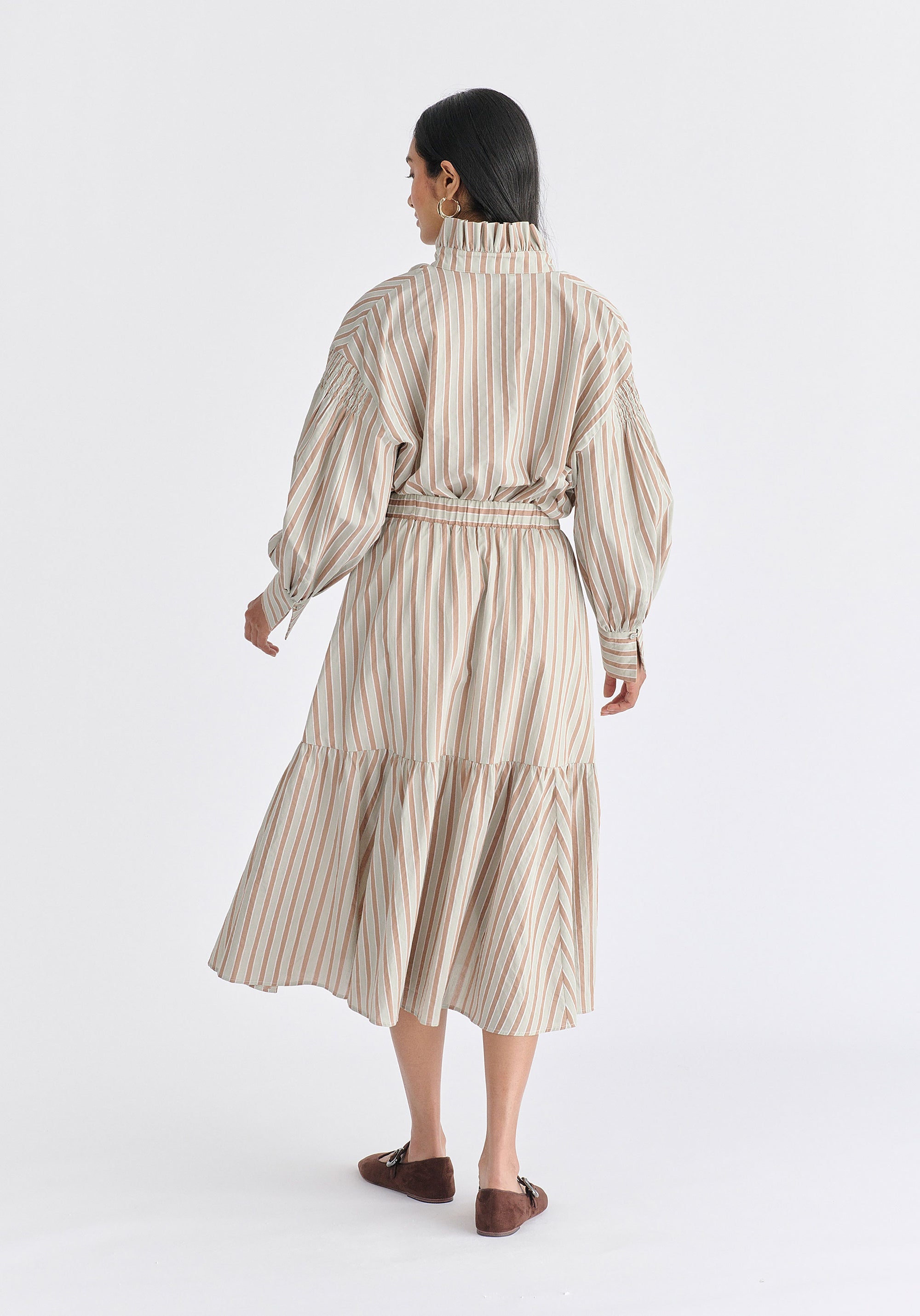 Striped Puff Sleeve Shirt with Ruffled Collar