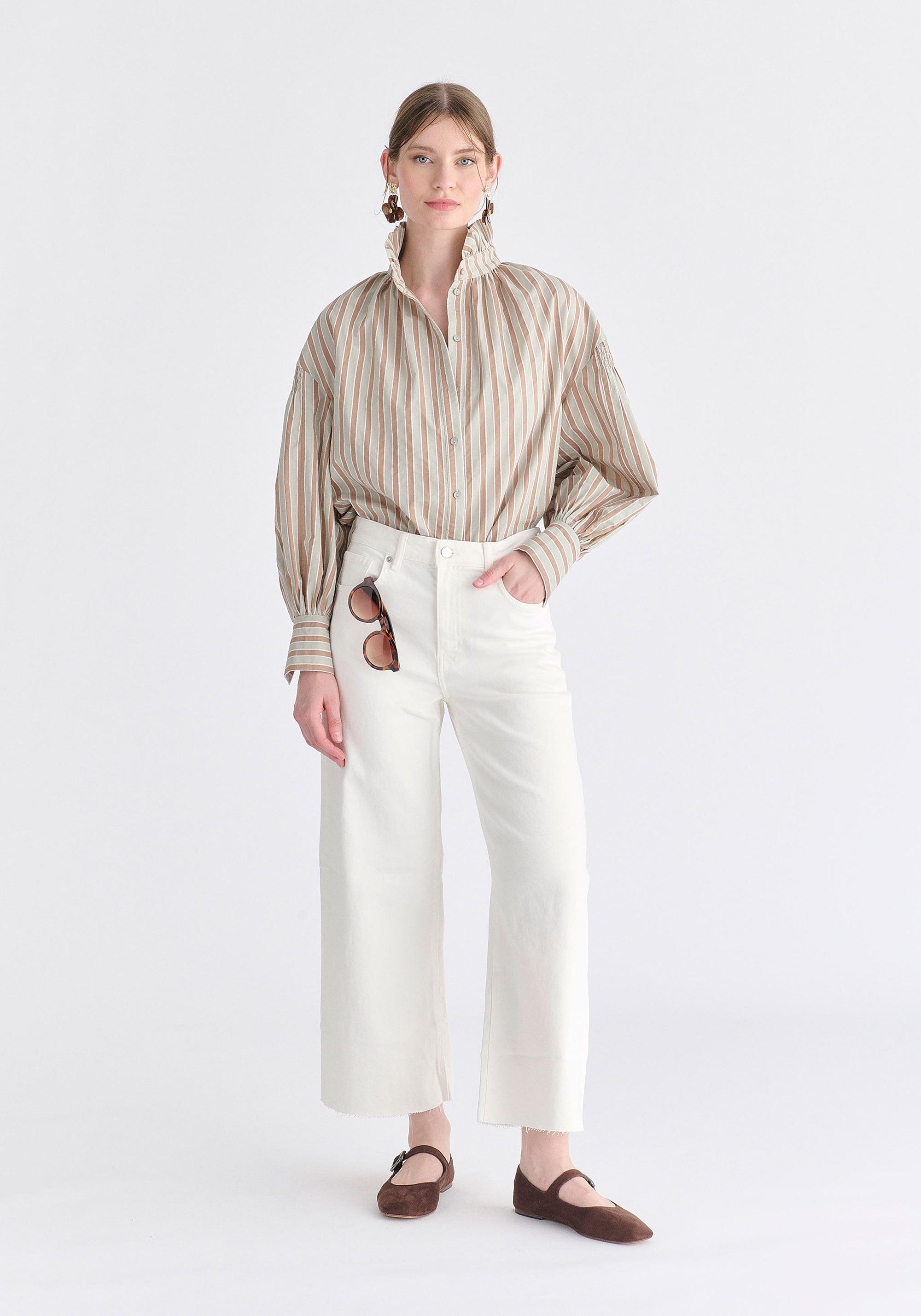 Striped Puff Sleeve Shirt with Ruffled Collar