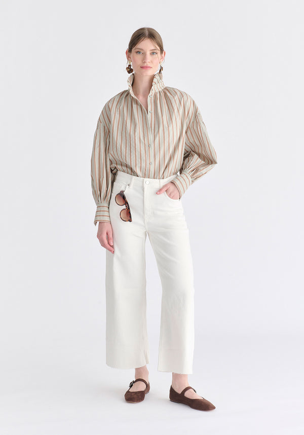 Striped Puff Sleeve Shirt with Ruffled Collar