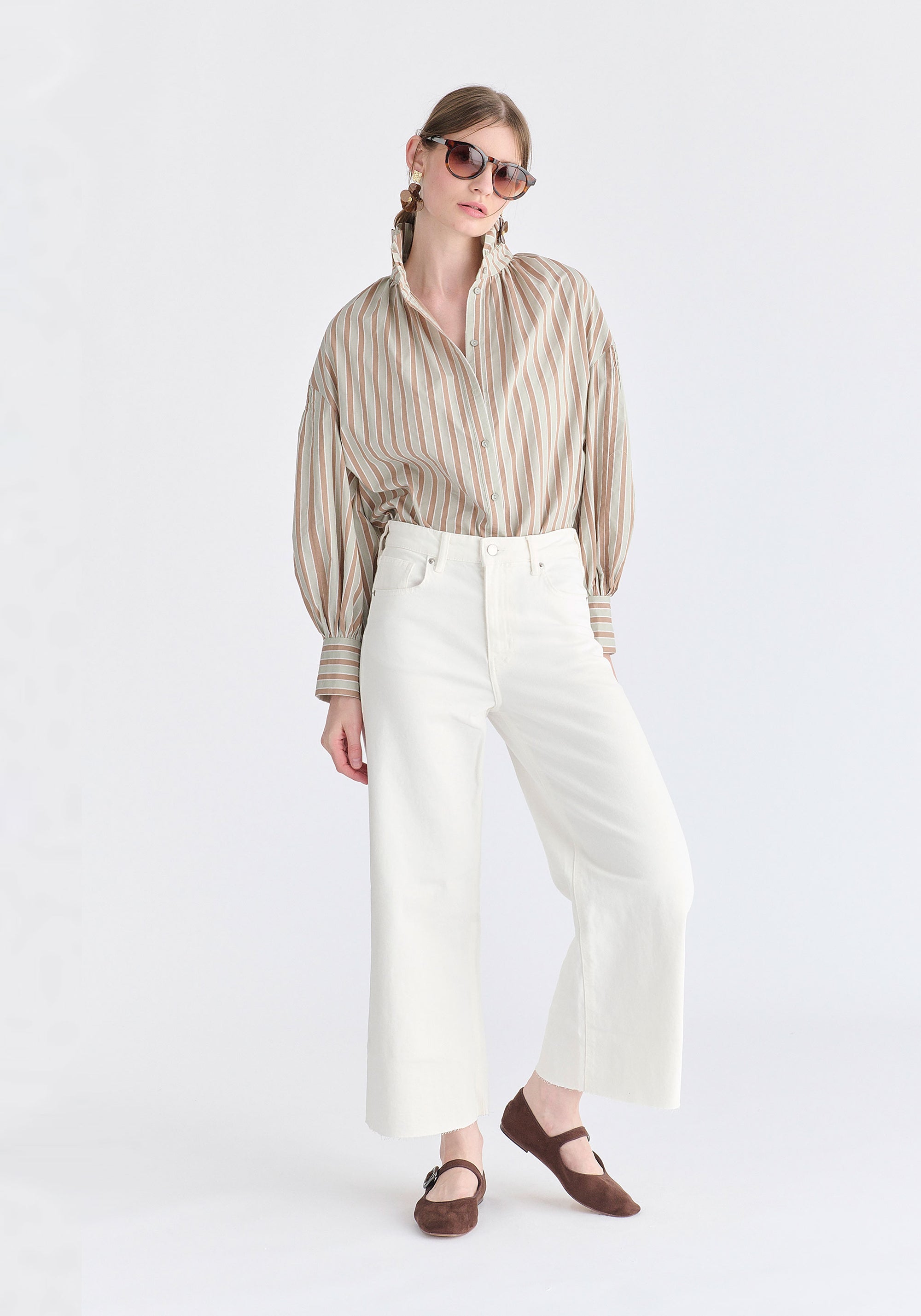 Striped Puff Sleeve Shirt with Ruffled Collar