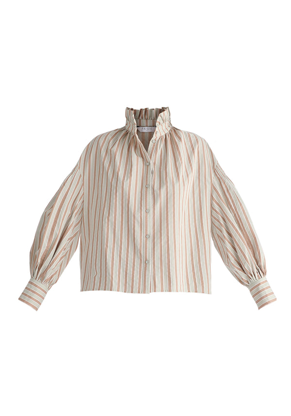 Striped Puff Sleeve Shirt with Ruffled Collar