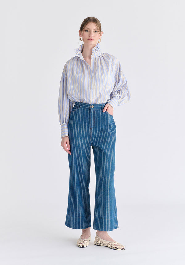 Striped Puff Sleeve Shirt with Ruffled Collar