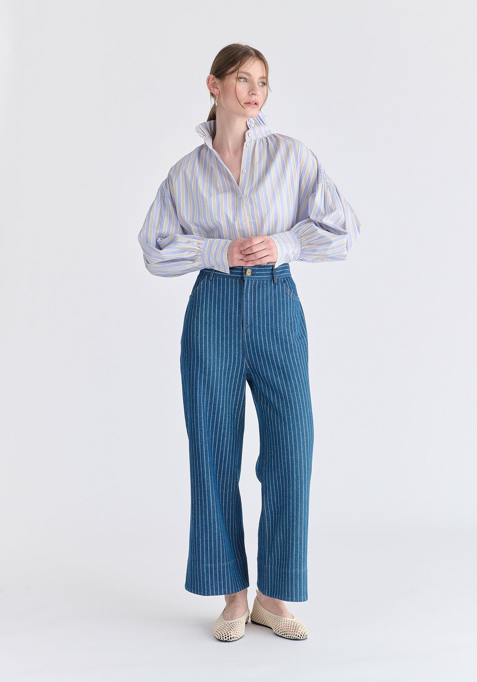 Striped Puff Sleeve Shirt with Ruffled Collar