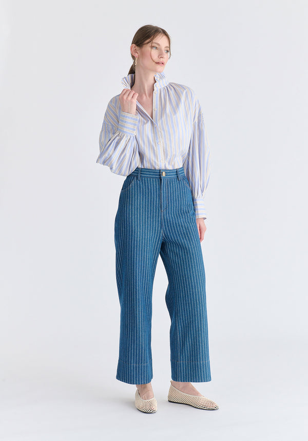 Striped Puff Sleeve Shirt with Ruffled Collar