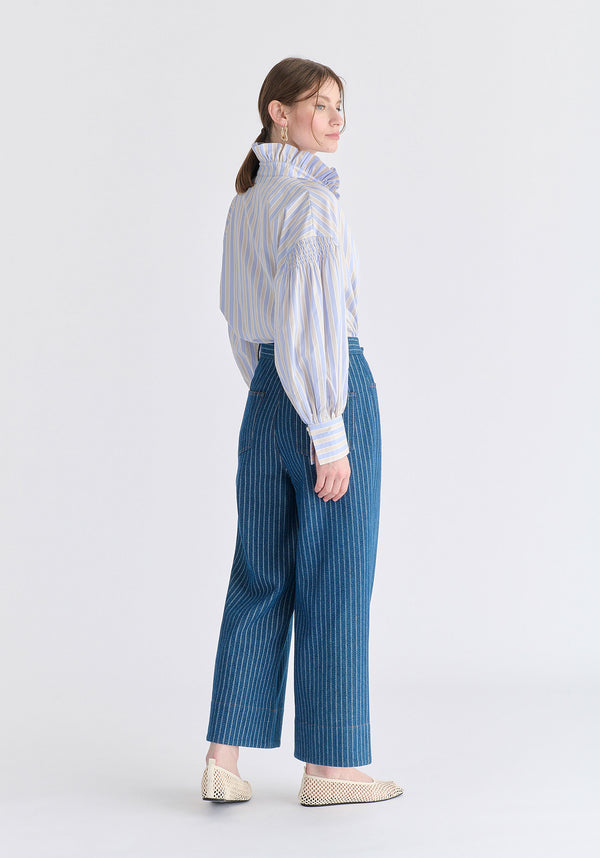 Striped Puff Sleeve Shirt with Ruffled Collar