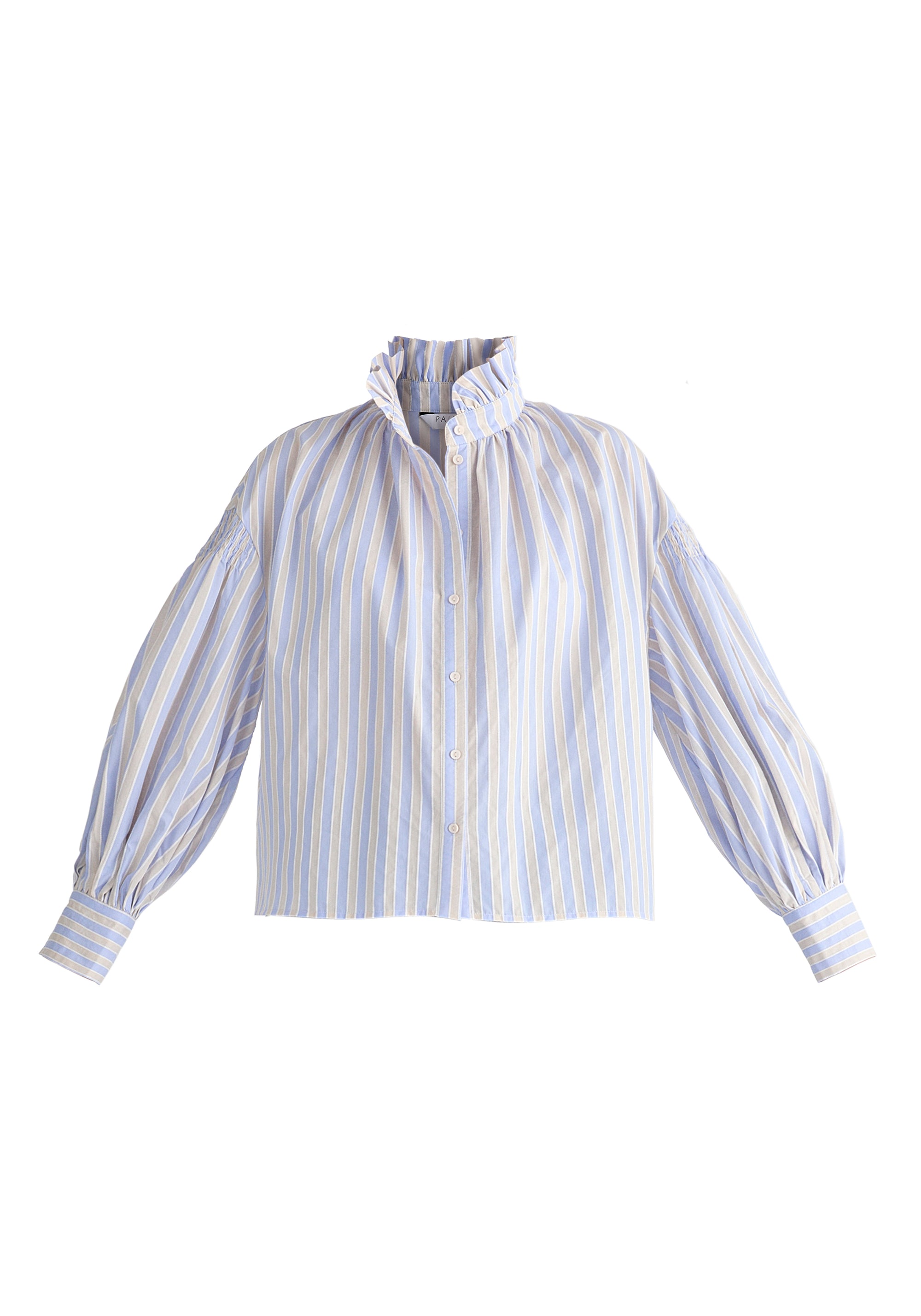 Striped Puff Sleeve Shirt with Ruffled Collar