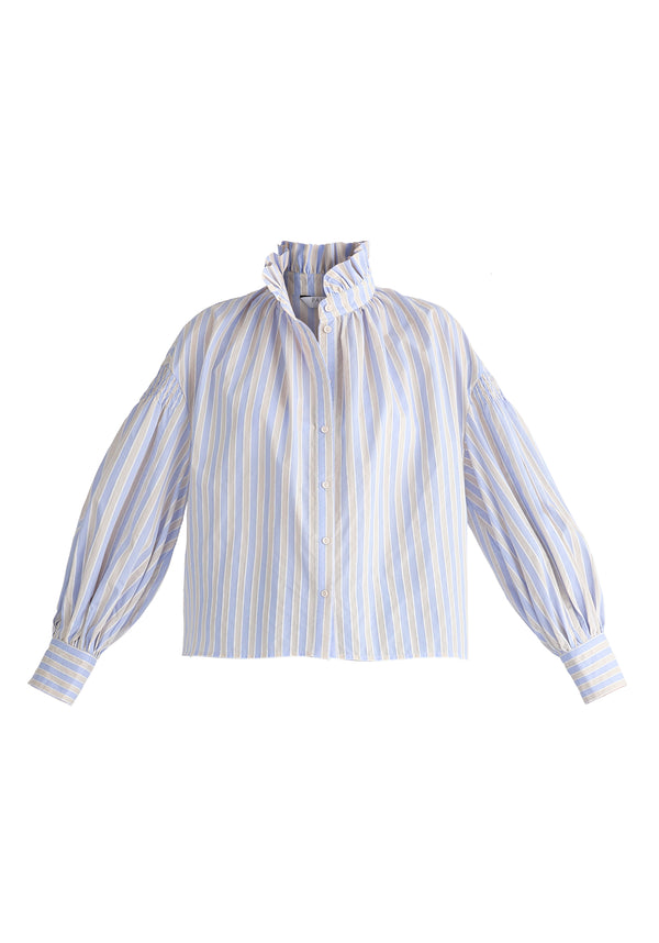 Striped Puff Sleeve Shirt with Ruffled Collar