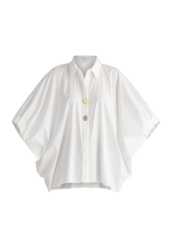 Metallic Button Details Oversized Blouse in White Cutout