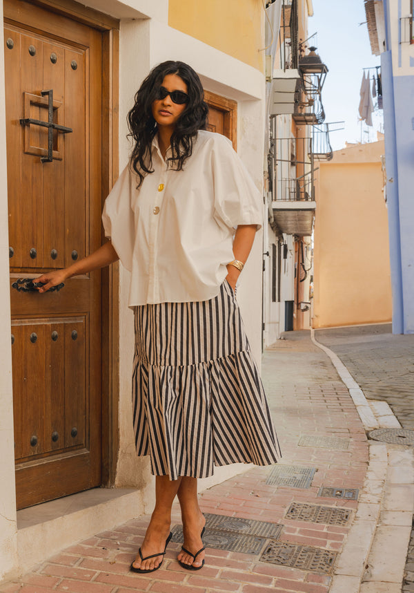 Metallic Button Details Oversized Blouse in White Location Shoot
