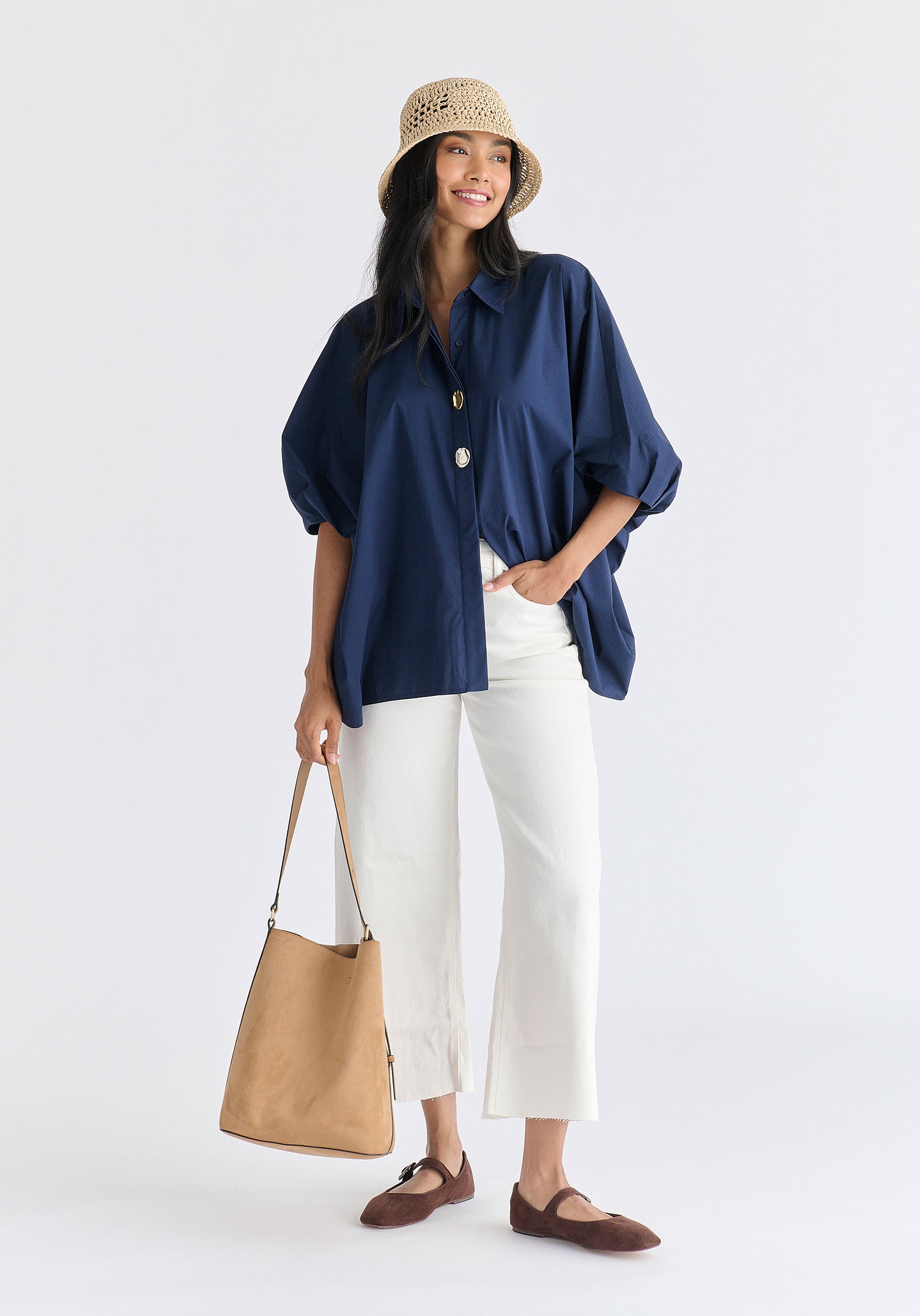 Metallic Button Details Oversized Blouse