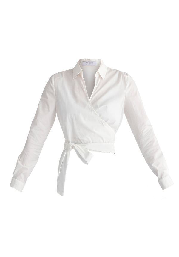 Side Tie Wrap Blouse in White Cutout