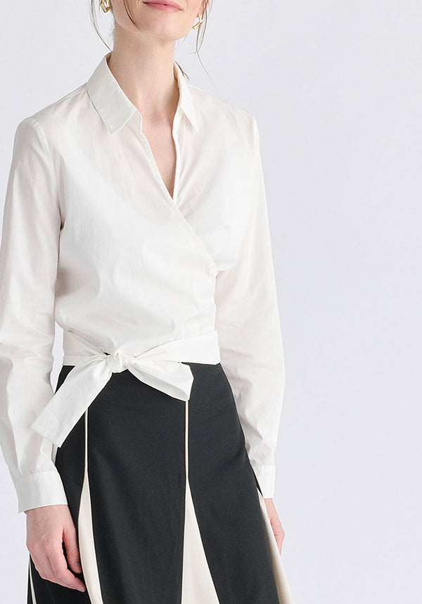 Side Tie Wrap Blouse in White Closeup