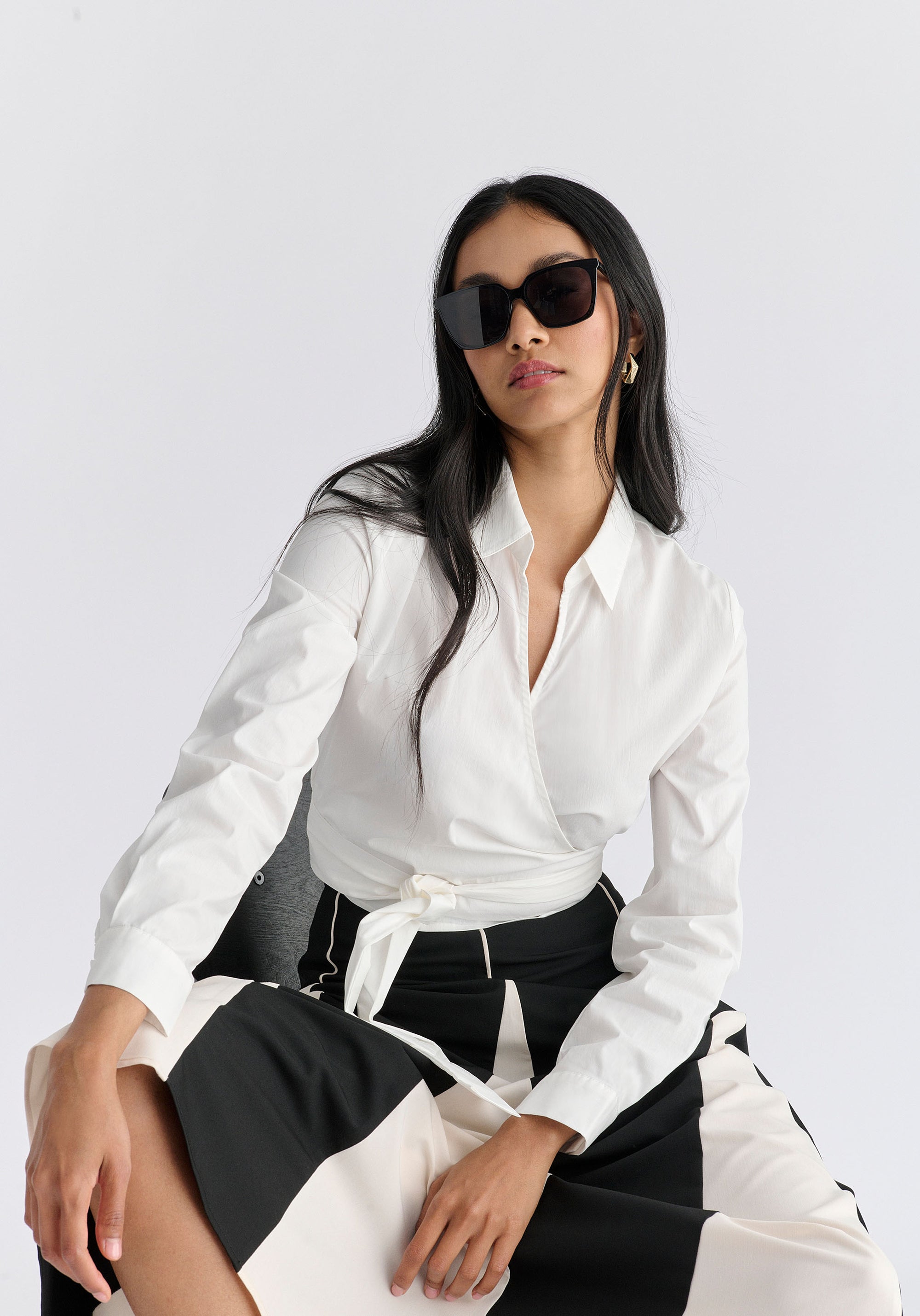Side Tie Wrap Blouse in White Front