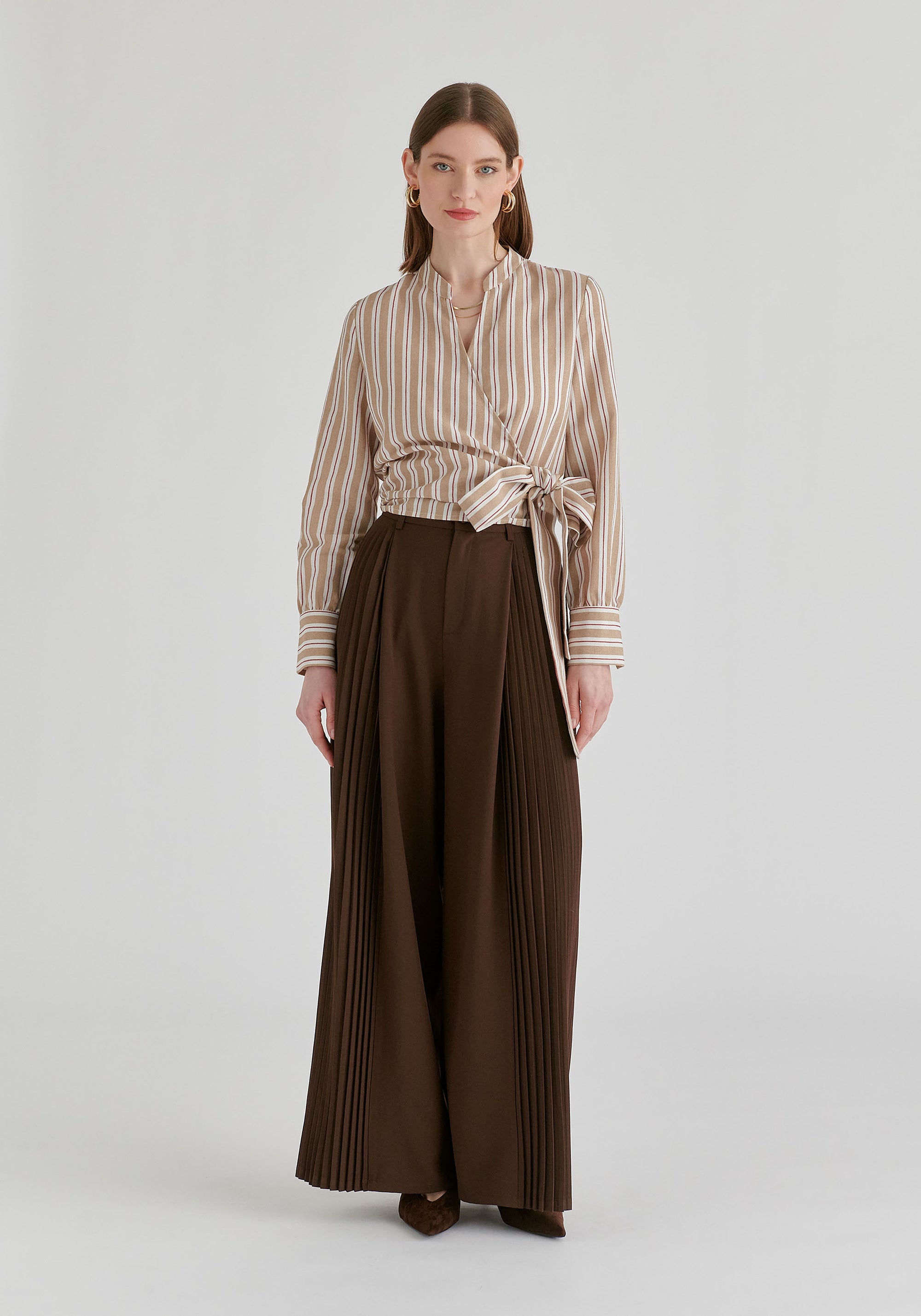 Split Collarless Wrap Top with Side-Tie Waist in Stripes in Beige Stripes Front
