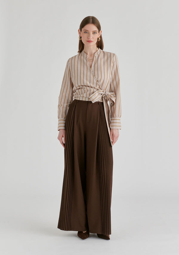 Split Collarless Wrap Top with Side-Tie Waist in Stripes in Beige Stripes Front