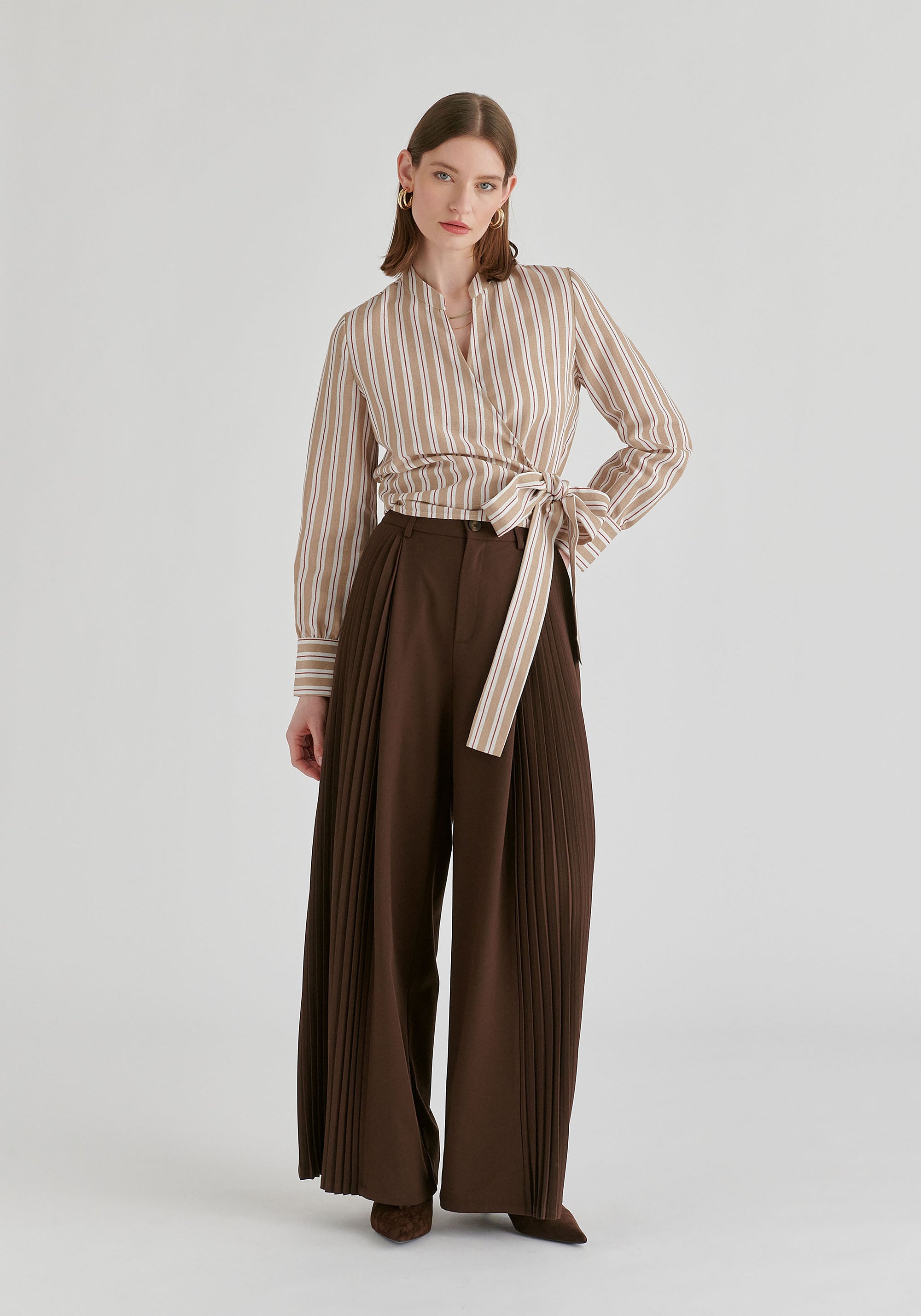 Split Collarless Wrap Top with Side-Tie Waist in Stripes in Beige Stripes Front