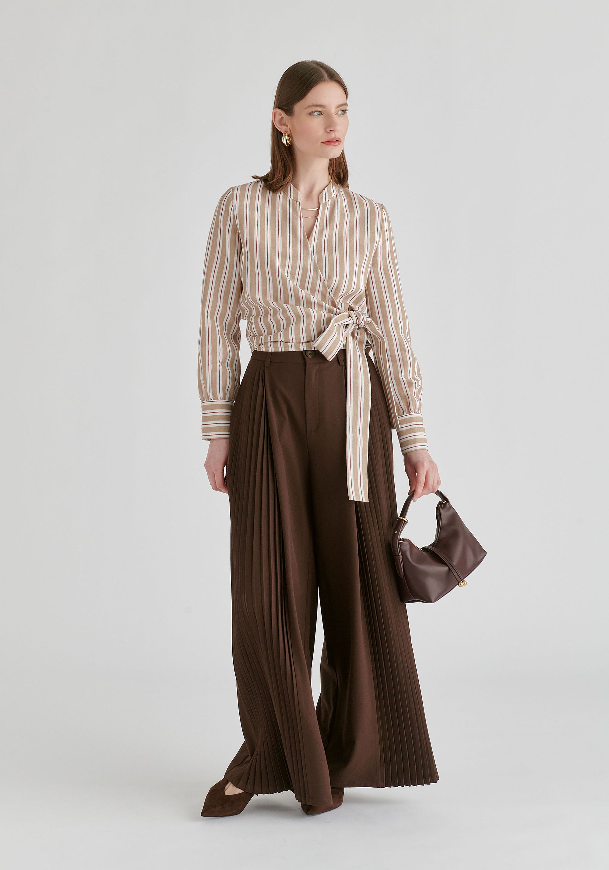 Split Collarless Wrap Top with Side-Tie Waist in Stripes in Beige Stripes Side