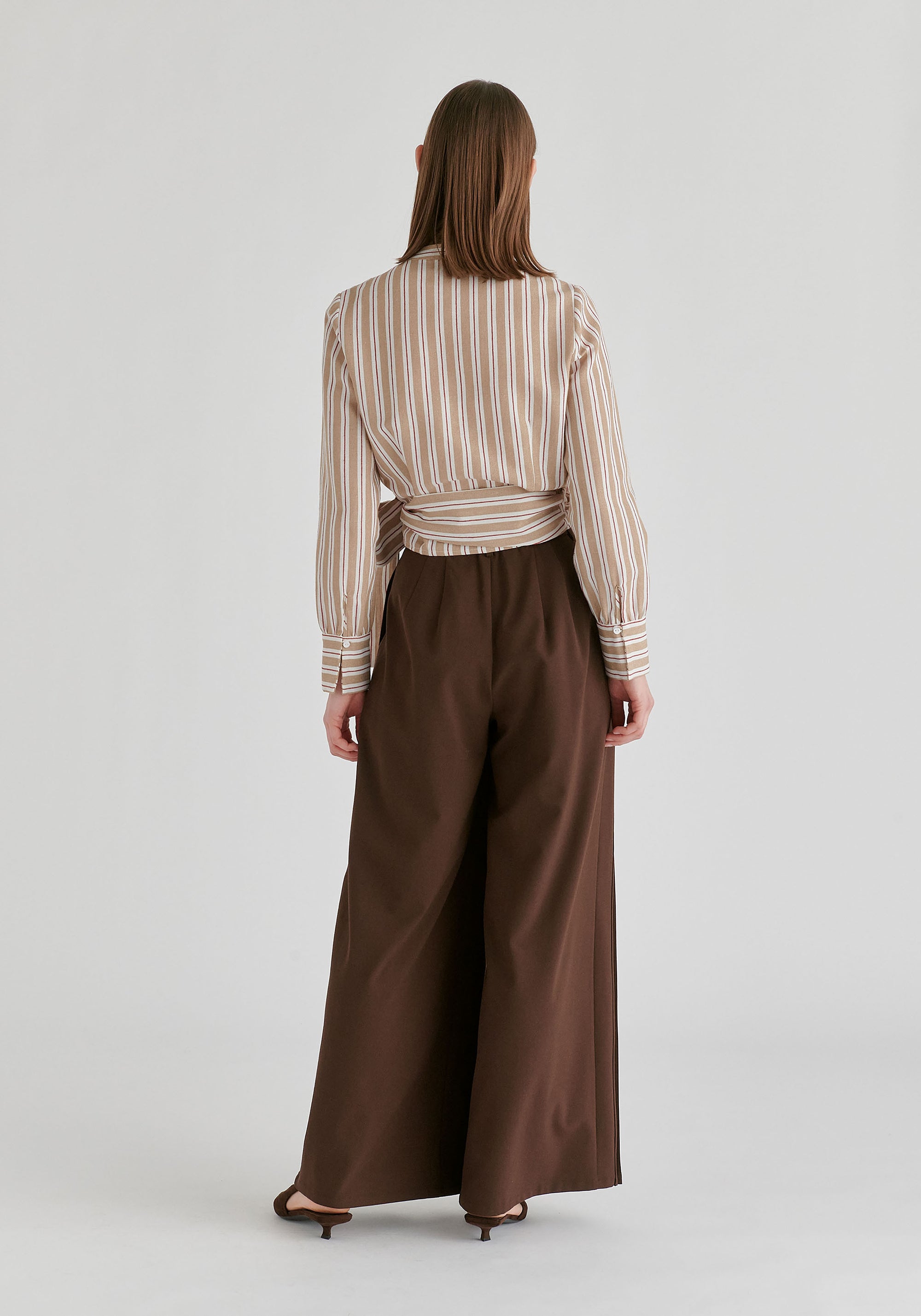 Split Collarless Wrap Top with Side-Tie Waist in Stripes in Beige Stripes Back