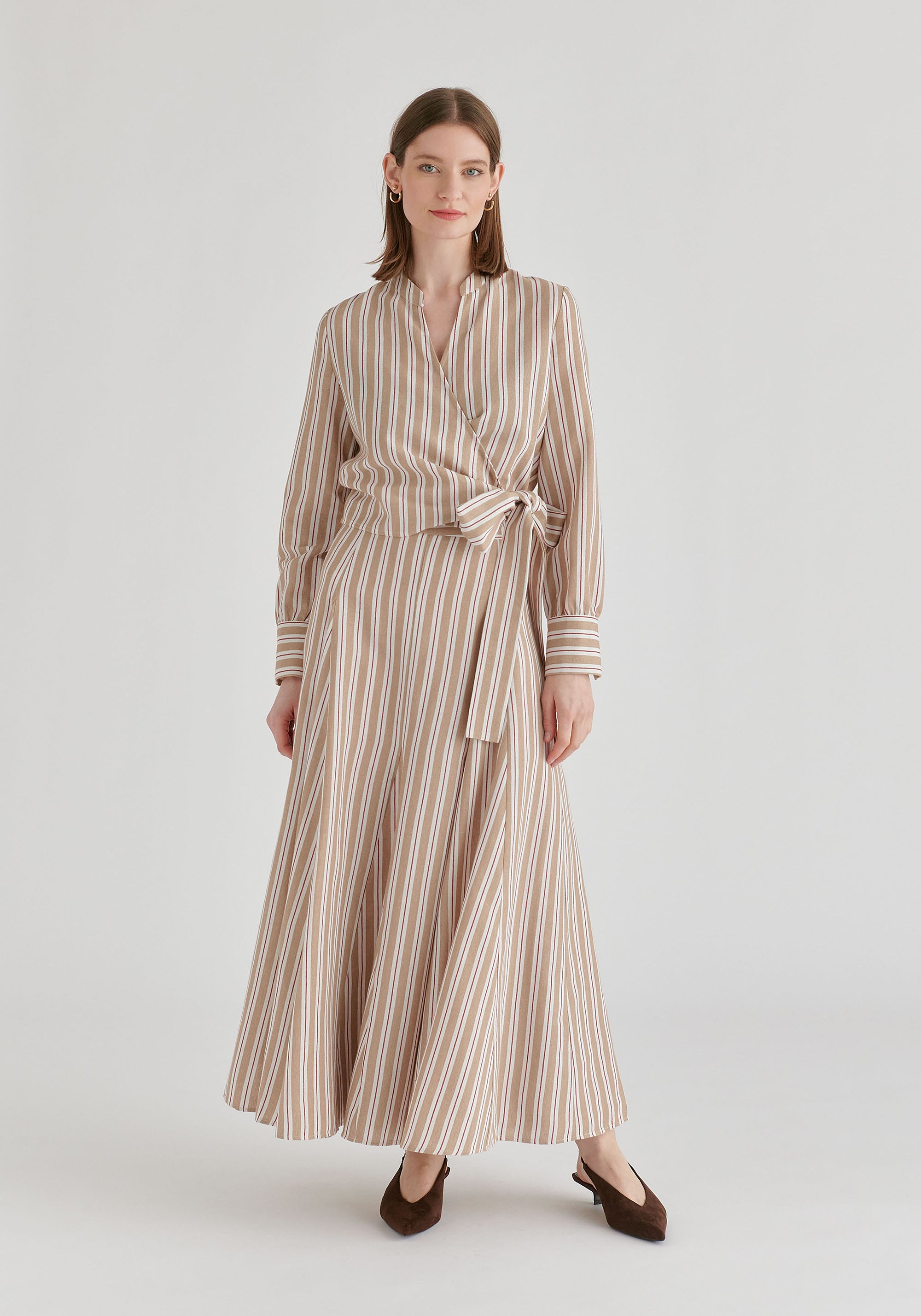 Split Collarless Wrap Top with Side-Tie Waist in Stripes in Beige Stripes Front