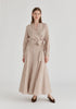 Split Collarless Wrap Top with Side-Tie Waist in Stripes in Beige Stripes Front