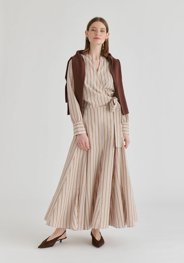 Split Collarless Wrap Top with Side-Tie Waist in Stripes in Beige Stripes Front