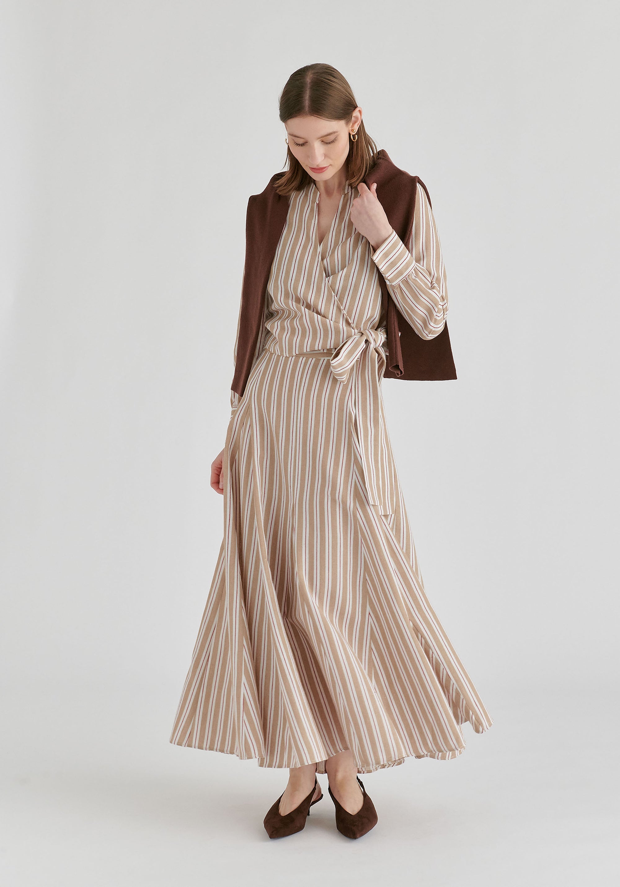 Split Collarless Wrap Top with Side-Tie Waist in Stripes in Beige Stripes Front