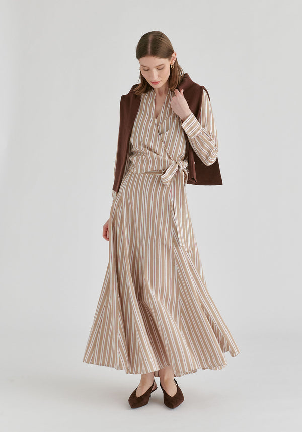 Split Collarless Wrap Top with Side-Tie Waist in Stripes in Beige Stripes Front