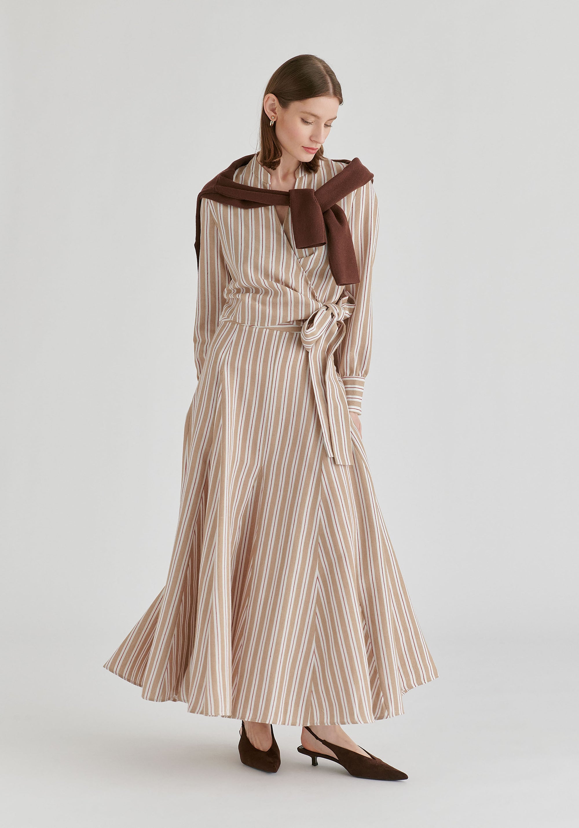 Split Collarless Wrap Top with Side-Tie Waist in Stripes in Beige Stripes Front