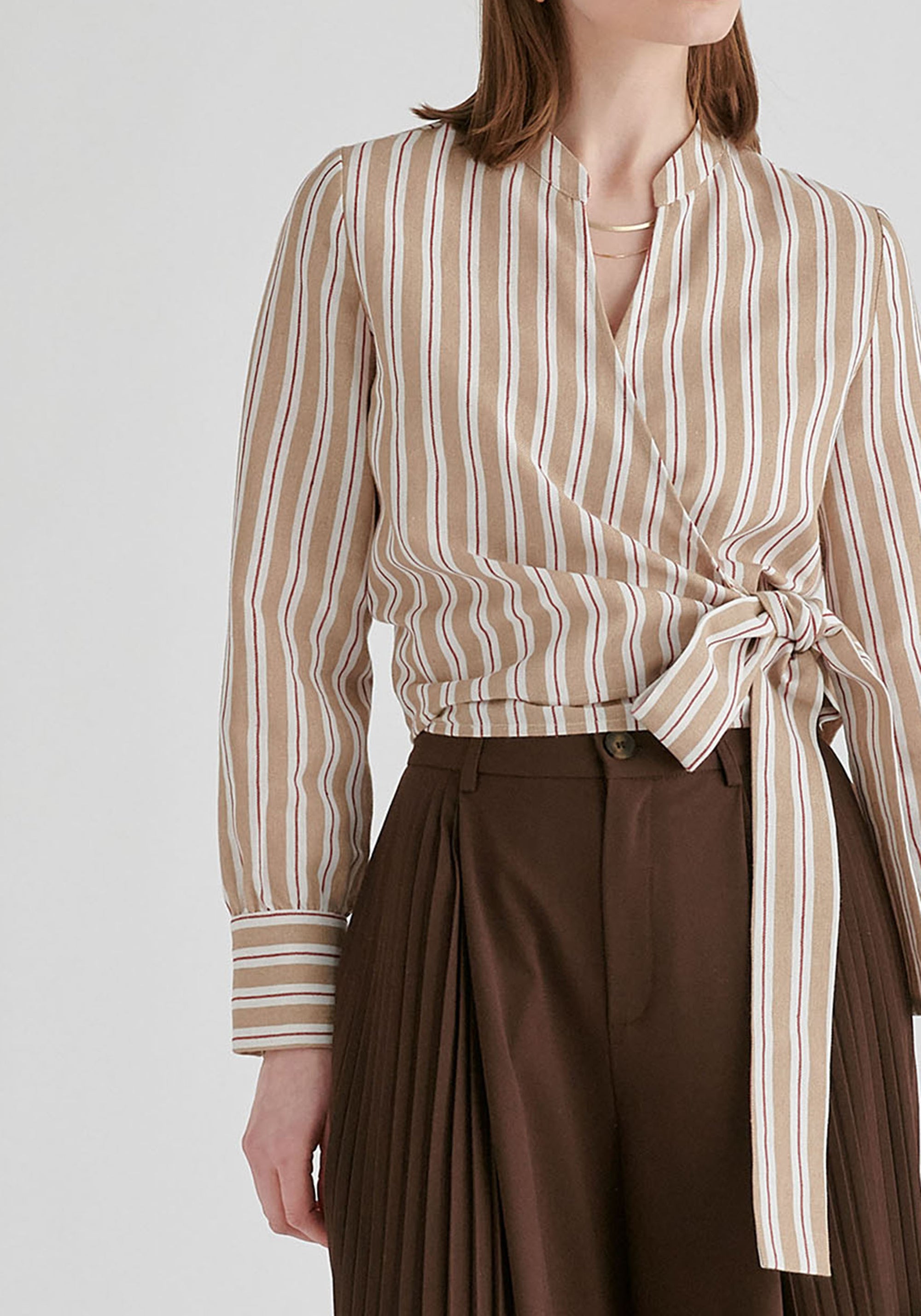 Split Collarless Wrap Top with Side-Tie Waist in Stripes in Beige Stripes Closeup