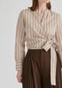Split Collarless Wrap Top with Side-Tie Waist in Stripes in Beige Stripes Closeup