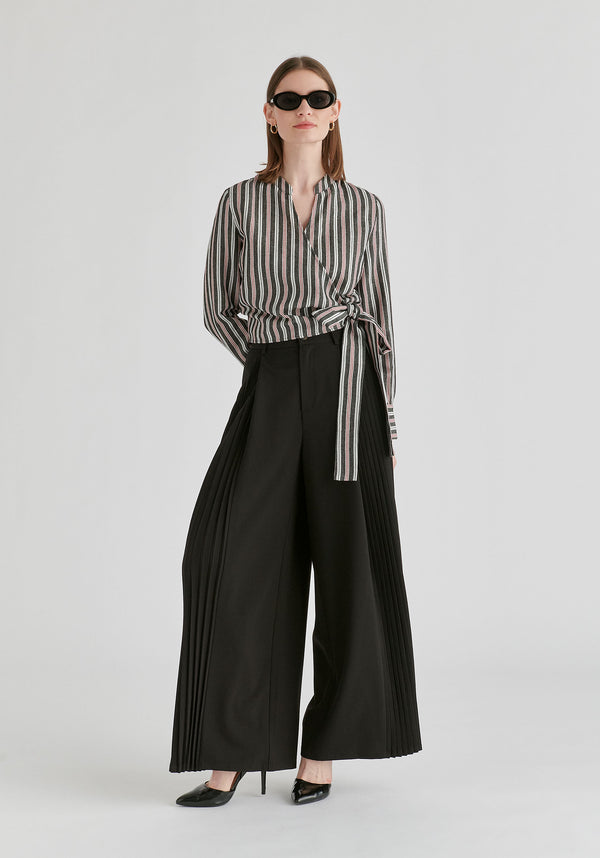 Split Collarless Wrap Top with Side-Tie Waist in Stripes Black Front