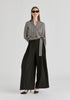 Split Collarless Wrap Top with Side-Tie Waist in Stripes Black Front