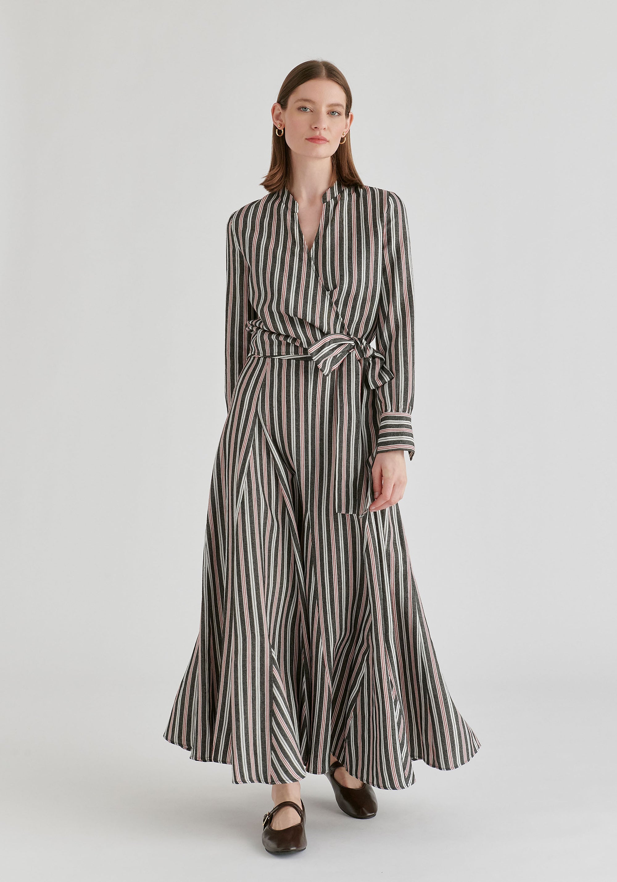 Split Collarless Wrap Top with Side-Tie Waist in Stripes Black Front