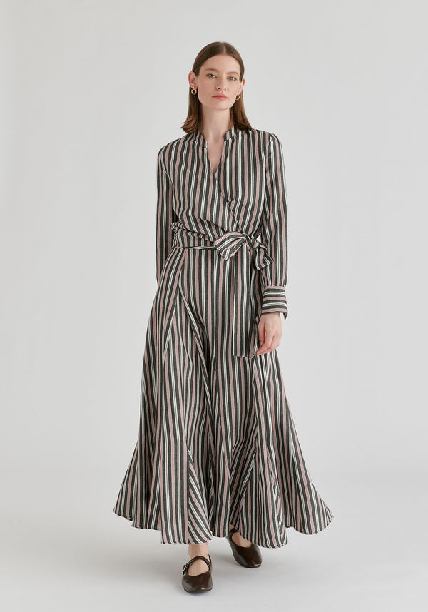 Split Collarless Wrap Top with Side-Tie Waist in Stripes Black Front