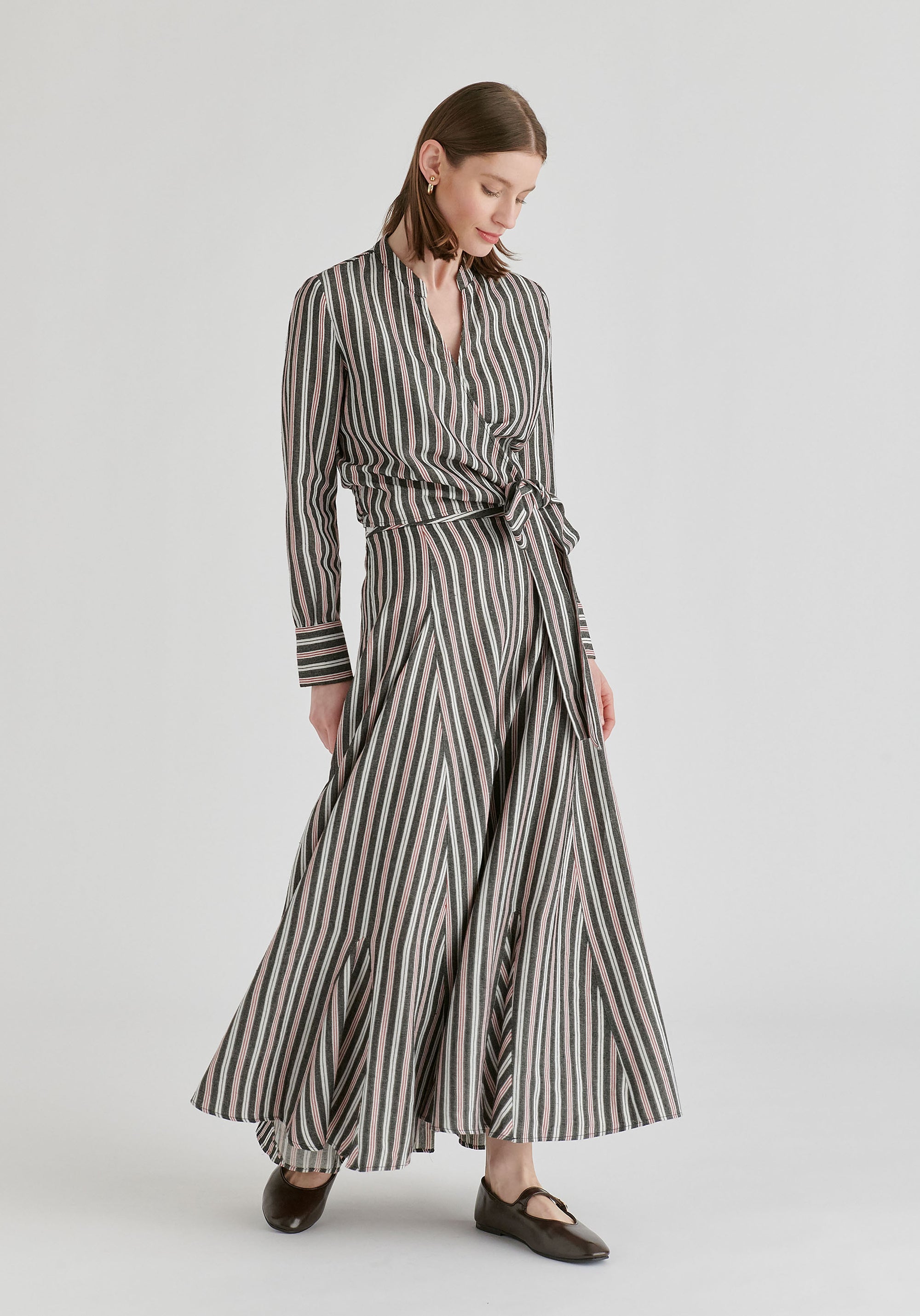 Split Collarless Wrap Top with Side-Tie Waist in Stripes Black Side
