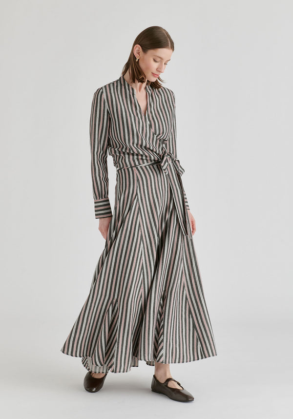 Split Collarless Wrap Top with Side-Tie Waist in Stripes Black Side