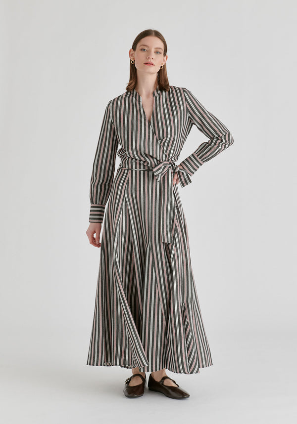 Split Collarless Wrap Top with Side-Tie Waist in Stripes Black Front