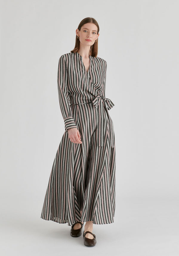 Split Collarless Wrap Top with Side-Tie Waist in Stripes Black Front