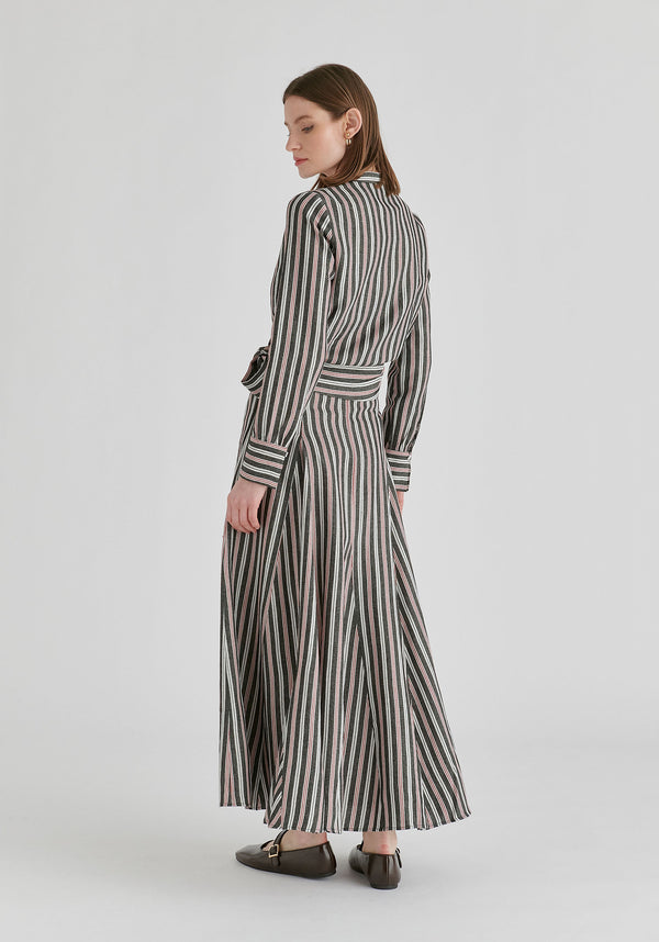 Split Collarless Wrap Top with Side-Tie Waist in Stripes Black Back