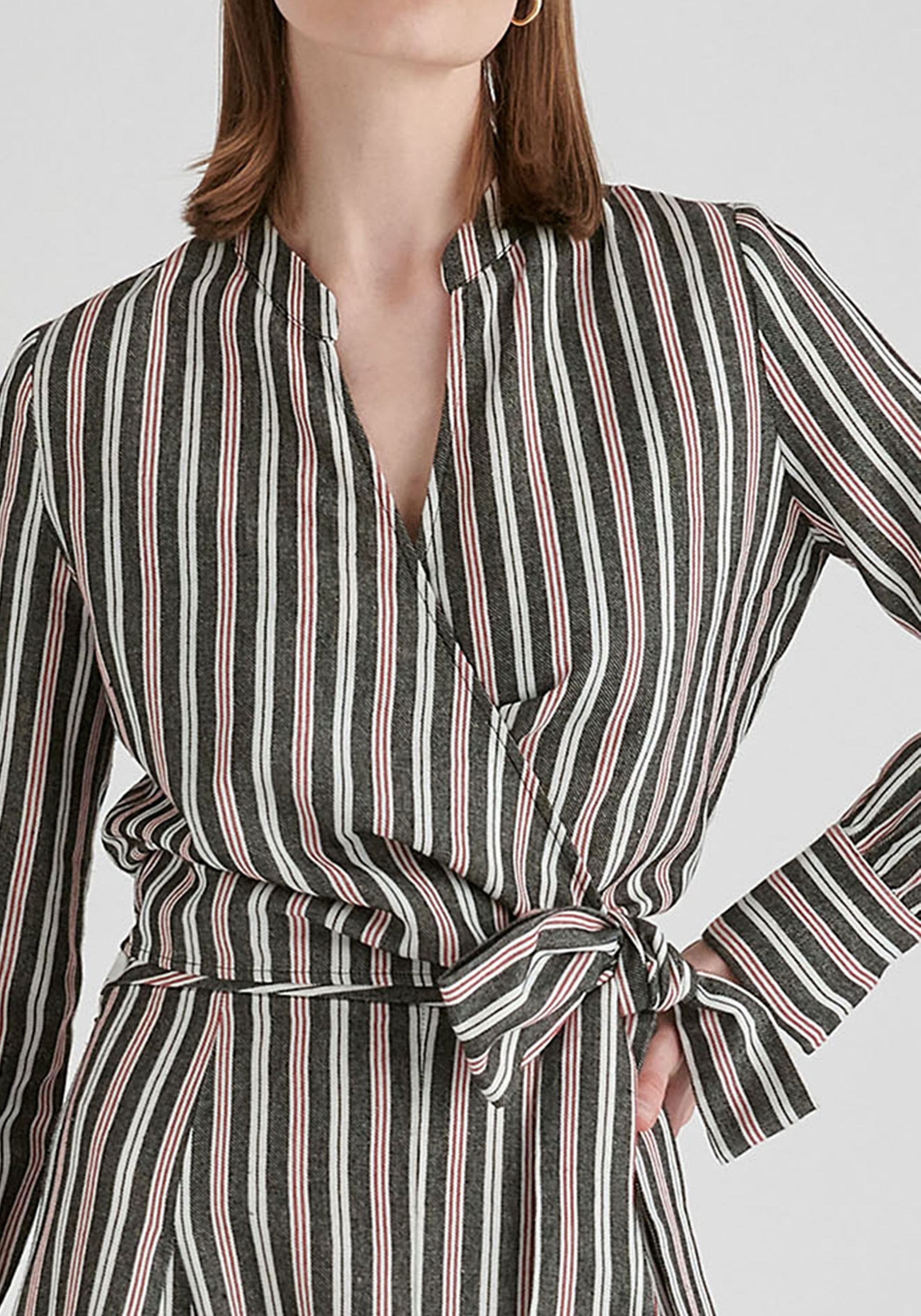 Split Collarless Wrap Top with Side-Tie Waist in Stripes Black Closeup
