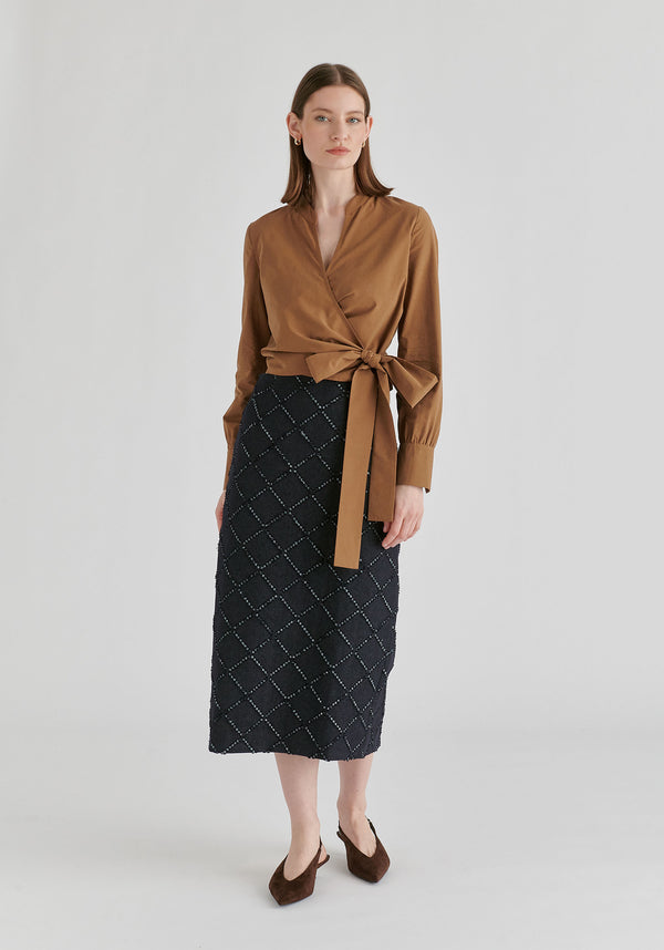 Split Collarless Wrap Top with Side-Tie Waist