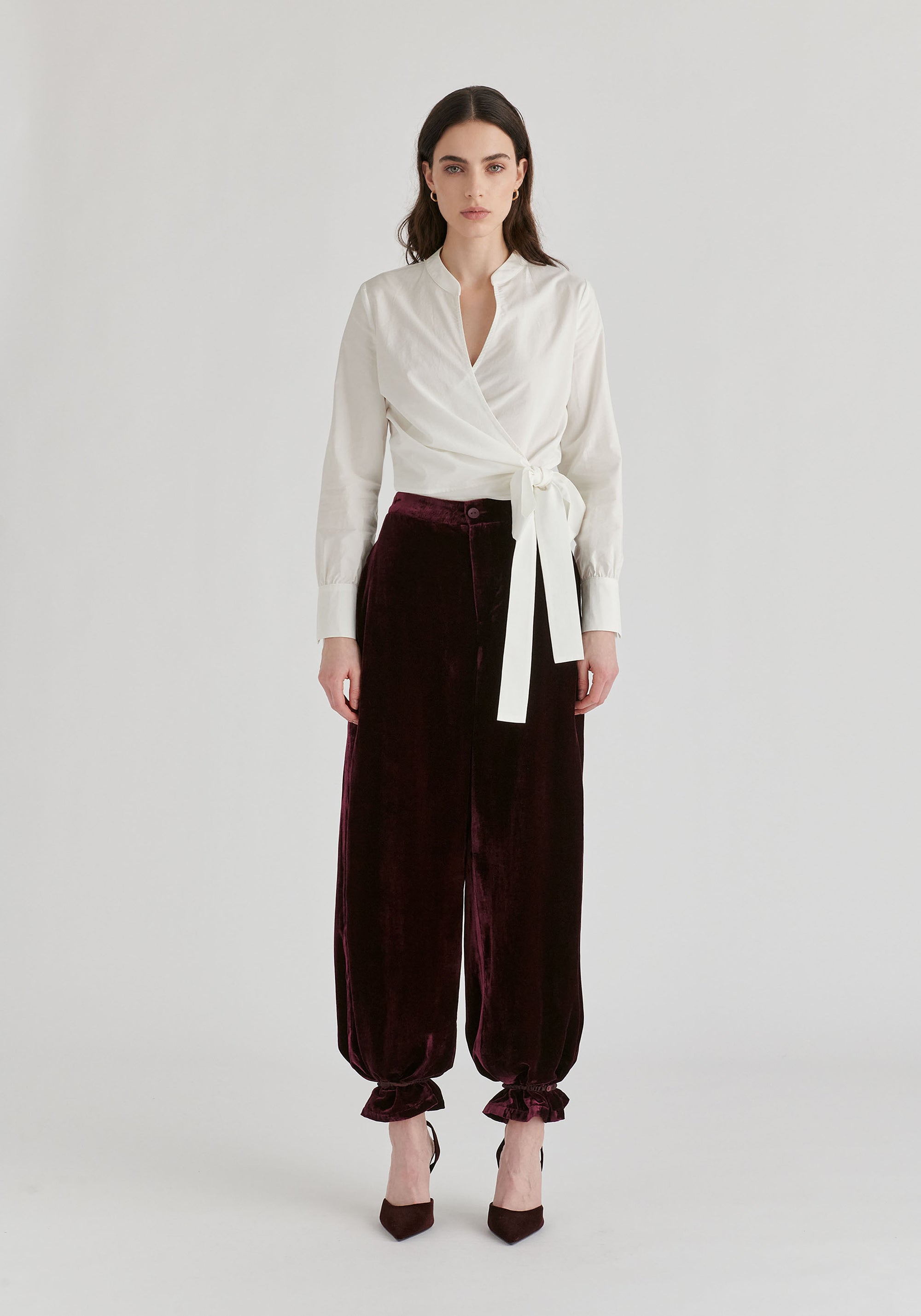Split Collarless Wrap Top with Side-Tie Waist