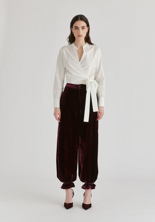 Split Collarless Wrap Top with Side-Tie Waist