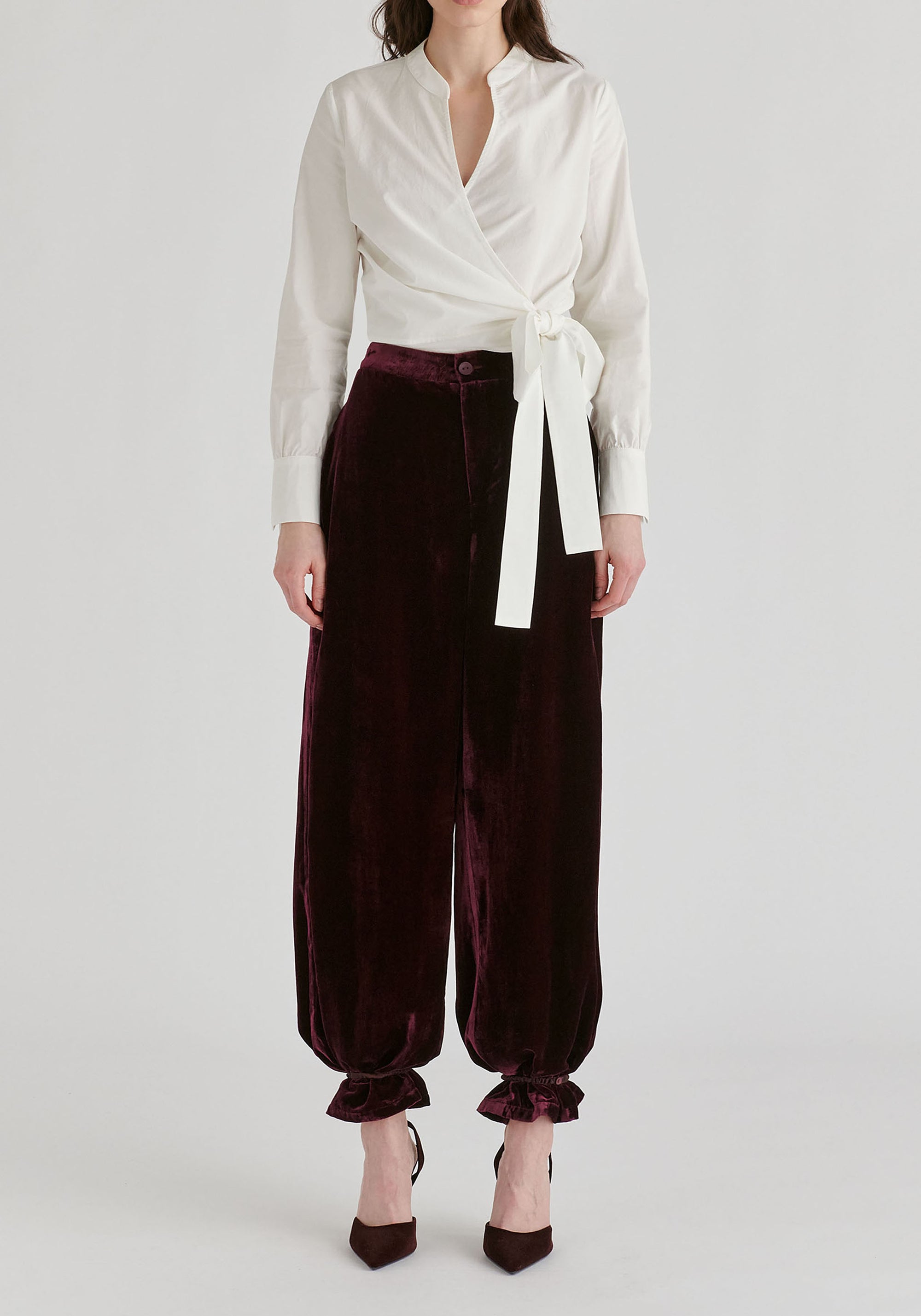 Split Collarless Wrap Top with Side-Tie Waist