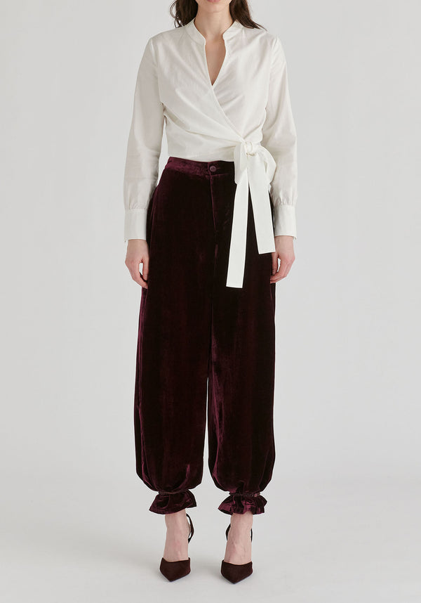 Split Collarless Wrap Top with Side-Tie Waist